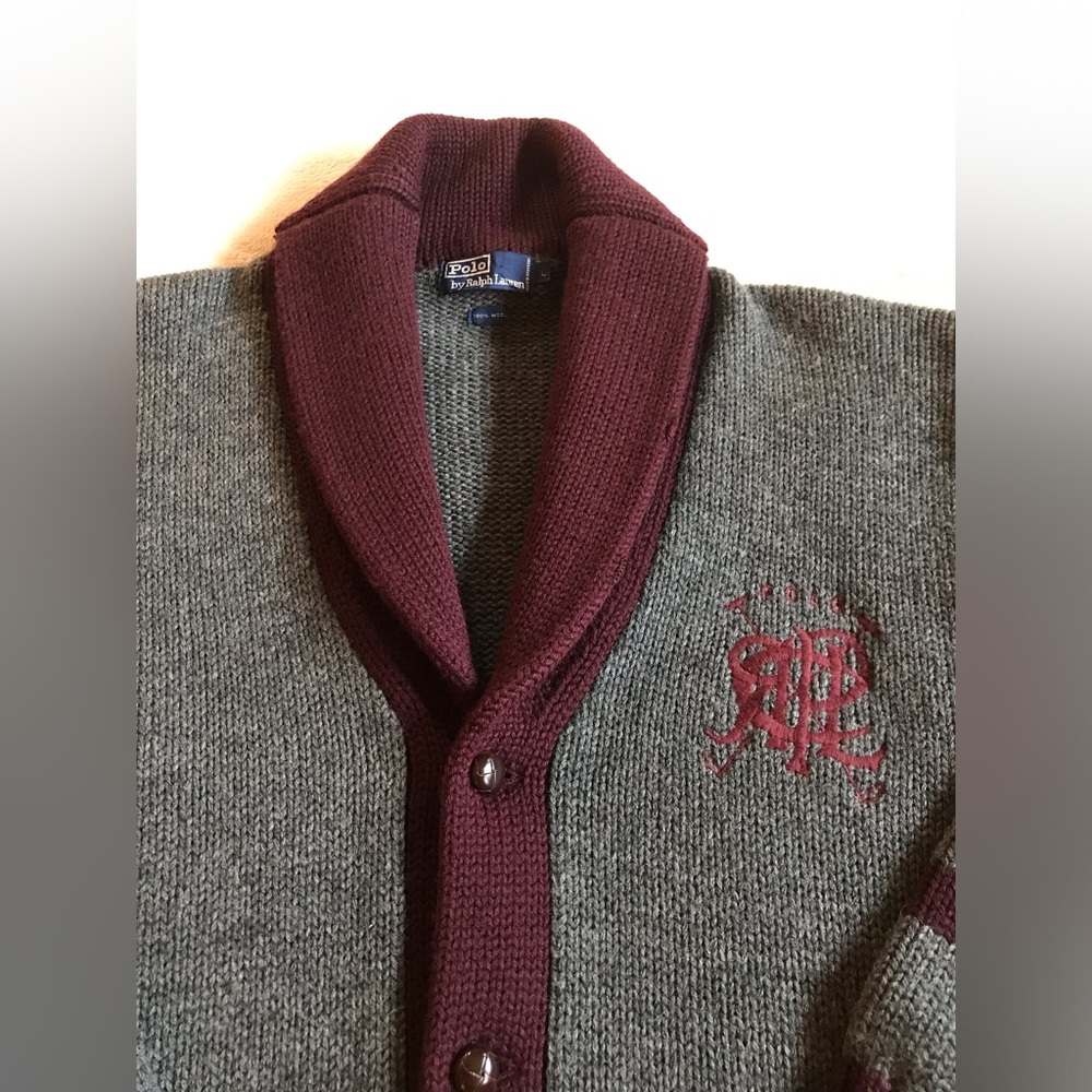 Polo Ralph Lauren Country Estate Gray and Maroon Shawl collar Cardigan - Picture 8 of 16
